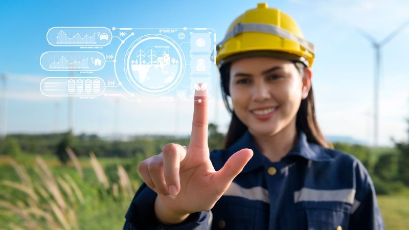 Eine Ingenieurin mit Bauhelm tippt auf eine Symbolgrafik in der Luft. Verschiedene Energie-Symbole sind zu sehen. Im Hintergrund steht eine Windkraftanlage.