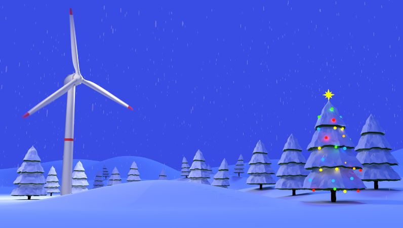 Symbolbild Weihnachten mit erneuerbaren Energien: In einer nächtlichen Schneelandschaft steht eine Windkraftanlage in Mitten beschneiter Tannenbäume. einer der Tannenbäume ist mit einer Lichterkette geschmückt.