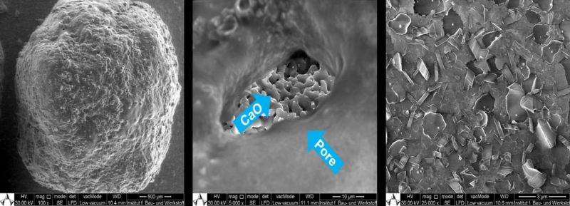 Diese Rasterelektronenmikroskopische Aufnahme zeigt das tonkeramisch gekapselte granulare Speichermaterial. Links ist die Außenschicht der Kapsel zu sehen. Bei höherer Vergrößerung (Mitte) werden Poren erkennbar, unter denen das innenliegende Speichermaterial zu sehen ist. Rechts wird die Mikrostruktur der tonkeramischen Hülle in einem dichten Bereich dargestellt.