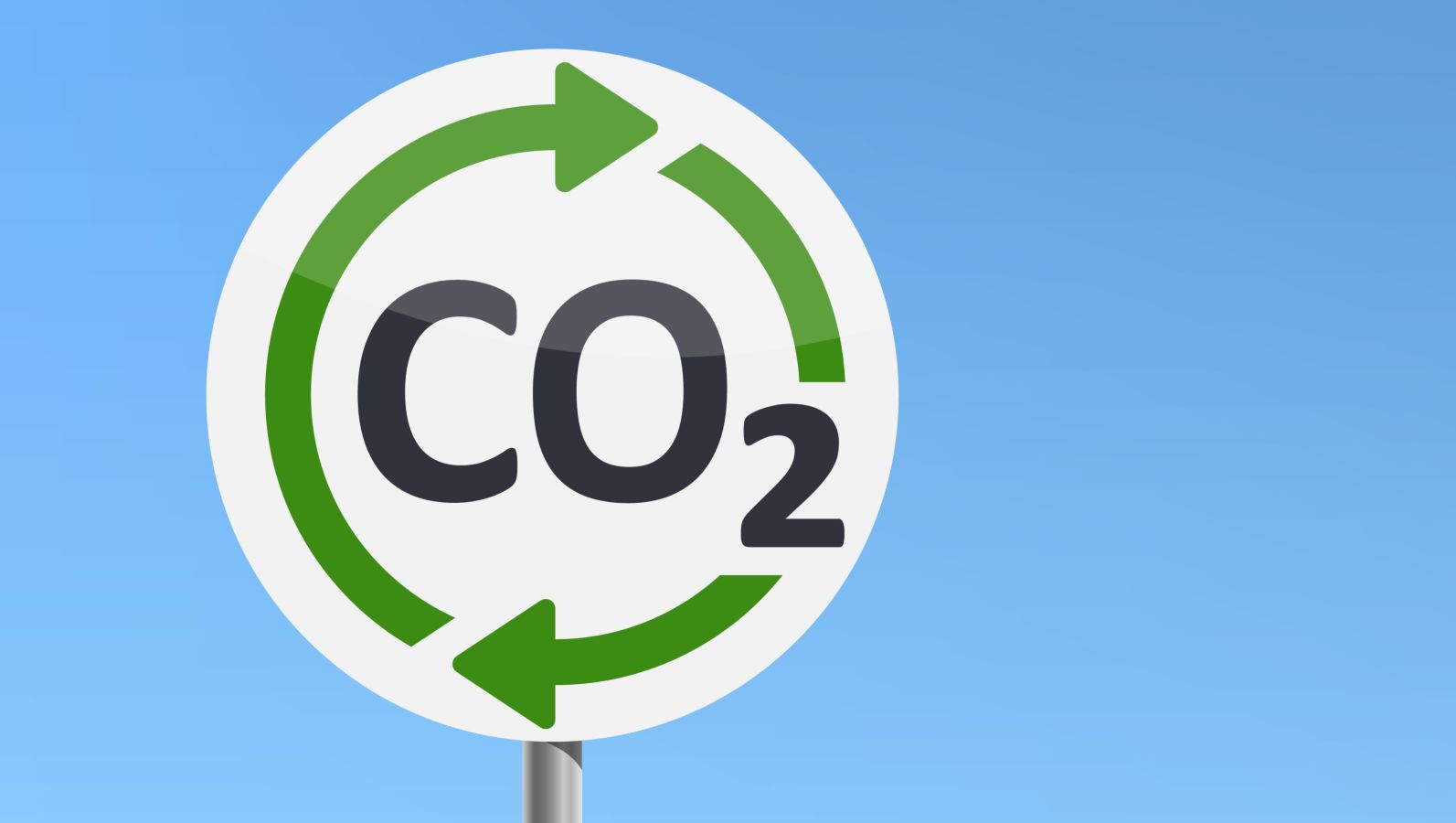 Schild vor blauem Hintergrund mit Symbol CO2-Kreislauf