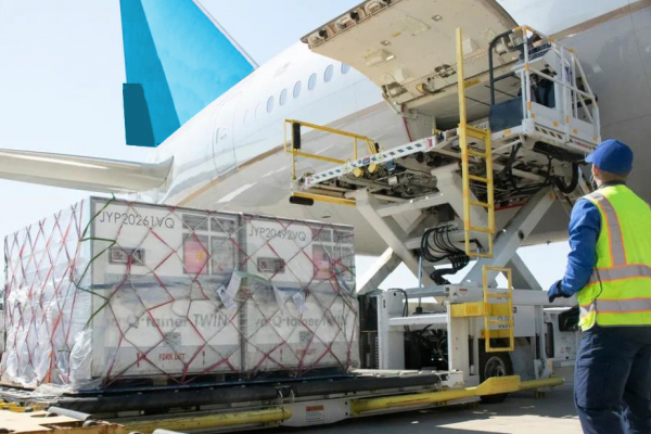 Ein Luftfrachtcontainer mit Kühlakkus aus Phasenwechselmaterial wird in ein Flugzeug geladen